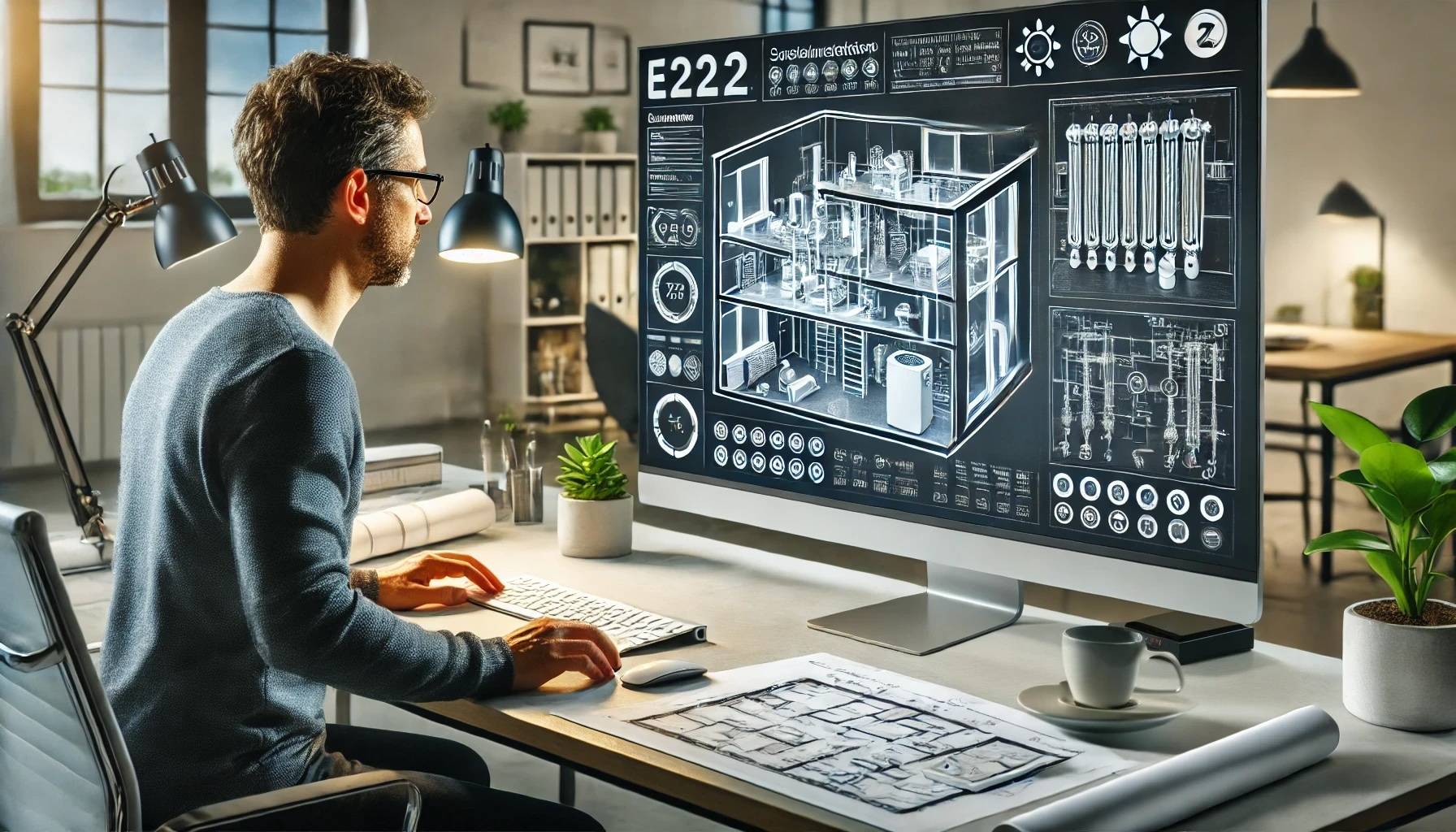 l_dall.e-2024-06-26-00.51.13---an-engineer-at-a-computer-planning-advanced--sustainable-heating-technology--holding-a-coffee-cup.-the-scene-shows-a-detailed-view-of-the-computer-scr Wärmeplan – Firmenprofil - Entwicklungsarbeit